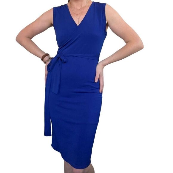 Angvns Women's Faux Wrap Colbalt Blue Midi Dress S - Picture 6 of 14